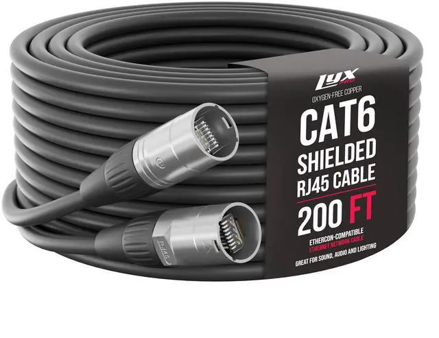 Main image of LyxPro 200 Feet Shielded CAT6 Ethercon Cable - Professional Audio & Lighting RJ45 Cable, Studio-Grade Sound Transmission, Extreme Durability - Black