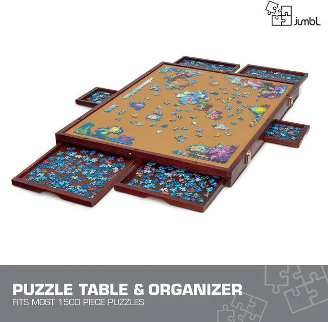 Alt view image 4 of 7 - Jumbl Premium 1500-Piece Tilting Puzzle Board w/ Felt Surface, 6 Removable Sorting Drawers Surface, Interlocking Cover | 27 x 35 Wooden Jigsaw Puzzle Table | Reinforced Hardwood Construction