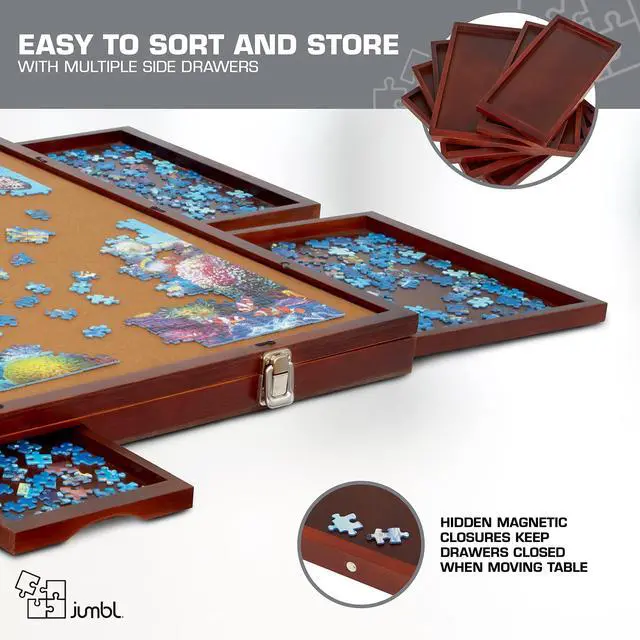 Alt view image 6 of 7 - Jumbl Premium 1500-Piece Tilting Puzzle Board w/ Felt Surface, 6 Removable Sorting Drawers Surface, Interlocking Cover | 27 x 35 Wooden Jigsaw Puzzle Table | Reinforced Hardwood Construction