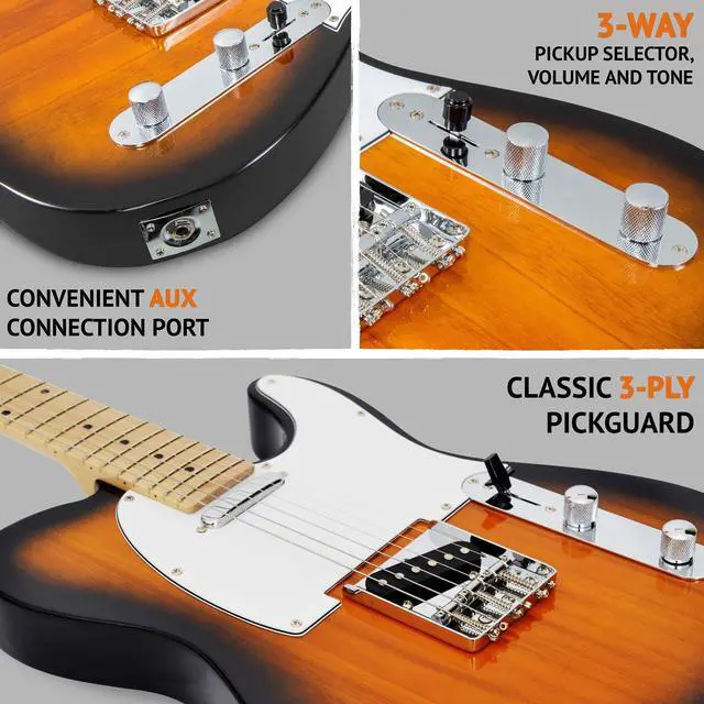 Alt view image 4 of 7 - LyxPro 39 Electric Guitar TL Series, Full-Size Paulownia Wood Body, 3-Ply Pickguard, C-Shape Neck, Ashtray Bridge, Quality Gear Tuners, 3-Way Switch & Volume/Tone Controls, 2 Picks Included, Sunburst