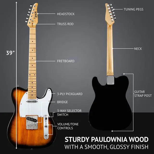 Alt view image 6 of 7 - LyxPro 39 Electric Guitar TL Series, Full-Size Paulownia Wood Body, 3-Ply Pickguard, C-Shape Neck, Ashtray Bridge, Quality Gear Tuners, 3-Way Switch & Volume/Tone Controls, 2 Picks Included, Sunburst