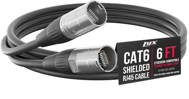 Main image of LyxPro 6 Feet Shielded CAT6 Ethercon Cable - Professional Audio & Lighting RJ45 Cable, Studio-Grade Sound Transmission, Extreme Durability - Black