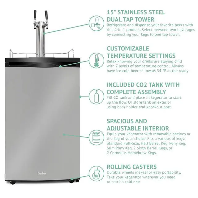 Alt view image 4 of 7 - Ivation Full Size Kegerator | Dual Tap Draft Beer Dispenser & Universal Beverage Cooler | CO2 Cylinder, Temperature Control, Drip Tray & Rail, Fits 1/2, 1/4 Pony Keg, (2) 1/6 Kegs (Stainless Steel)