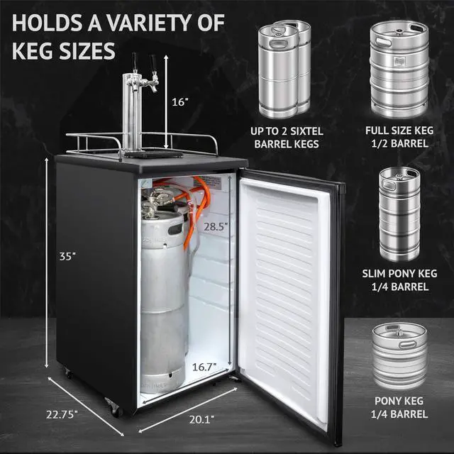 Alt view image 2 of 7 - Ivation Full Size Kegerator | Dual Tap Draft Beer Dispenser & Universal Beverage Cooler | CO2 Cylinder, Temperature Control, Drip Tray & Rail, Fits 1/2, 1/4 Pony Keg, (2) 1/6 Kegs (Stainless Steel)