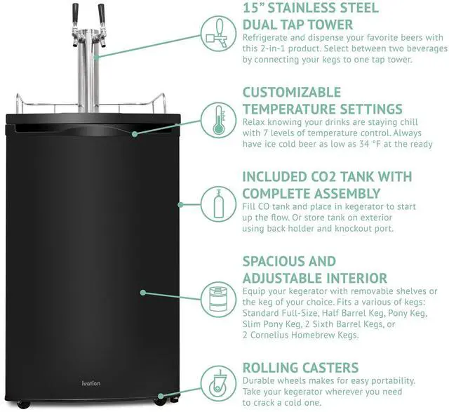 Alt view image 6 of 7 - Ivation Full Size Kegerator | Dual Tap Draft Beer Dispenser & Universal Beverage Cooler | Mounted CO2 Cylinder, Temperature Control, Drip Tray & Rail | Fits 1/2 Keg, 1/4 Pony Keg, (2) 1/6 Kegs (Black)