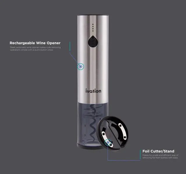 Alt view image 4 of 7 - Ivation Rechargeable Automatic Wine Opener | Electric Cork Extractor Tool with Lithium Battery, LED Lights, USB Charging Cable, Bonus Foil Cutter & Elegant Gift Box | Uncorks 50 Bottles Per Charge