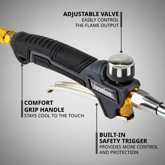 Alt view image 3 of 7 - Ivation Heavy-Duty Propane Torch | 340K BTU Gas-Powered Weed Burner with Push-Button Igniter, Adjustable Flame, 10 Hose & Safety Trigger for Melting, Welding, Roofing, Soldering, Wood Treating, Etc.