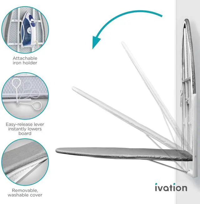 Alt view image 3 of 7 - Ivation Wall-Mounted Ironing Board | Foldable 36.2 x 12.2 Sturdy Ironing Station for Home & Apartments, Easy-Release Lever, Removable Cotton Cover, Includes Mounting Hardware With Iron Holder