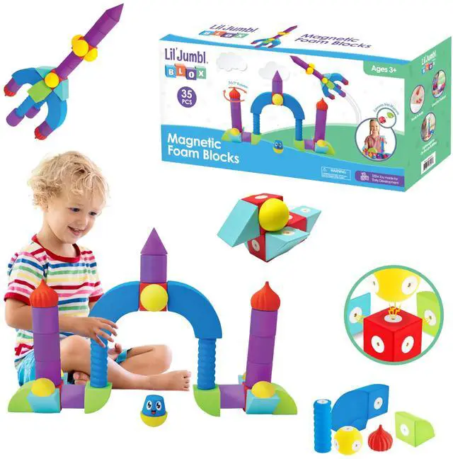 Main image of Lil' Jumbl Magnetic Foam STEM Preschool Sensory Toys for Children, Toddlers, Boys and Girls 35 Piece Castle Set , Bath Building Blocks, The Supreme Bath Toy, Engineering Toys for Kids 3-6