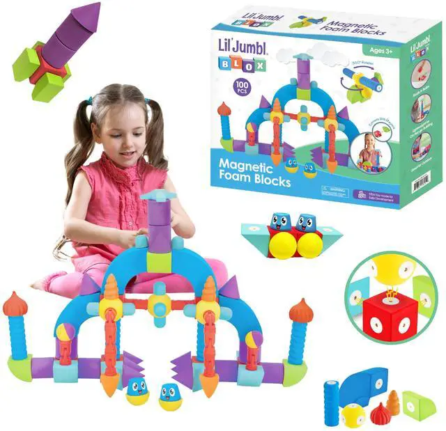 Main image of Lil' Jumbl Magnetic Foam Blocks  STEM Sensory Toys for Toddlers & Kids, 100-Piece Set, Bath Building Blocks & Engineering Toys for Ages 3-6
