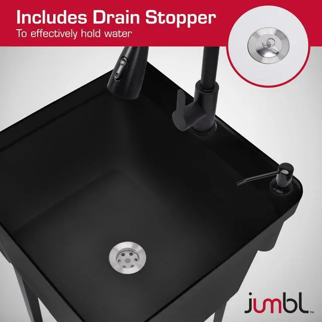 Alt view image 3 of 7 - Jumbl Freestanding Utility Sink with Pull-Down Faucet | Laundry Room Tub with Gooseneck Sprayer, Single Handle Flow Control, Soap Dispenser, Drain Plug & Heavy-Duty Iron Legs with Levelers | Black