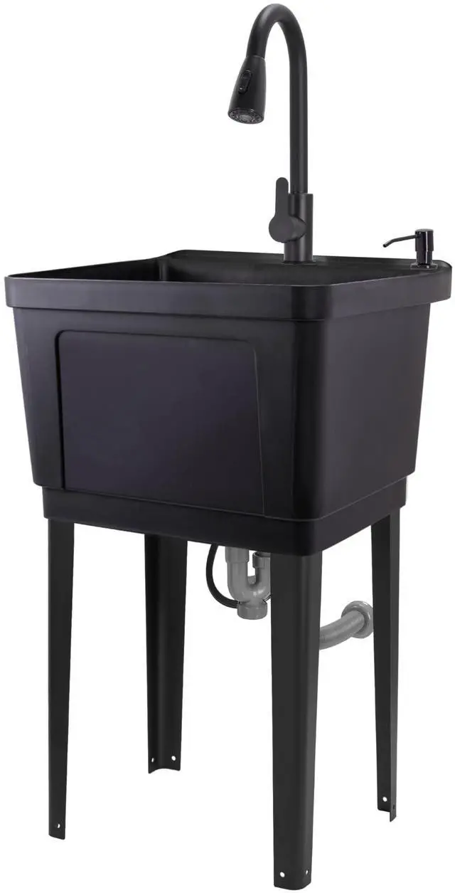 Main image of Jumbl Freestanding Utility Sink with Pull-Down Faucet | Laundry Room Tub with Gooseneck Sprayer, Single Handle Flow Control, Soap Dispenser, Drain Plug & Heavy-Duty Iron Legs with Levelers | Black