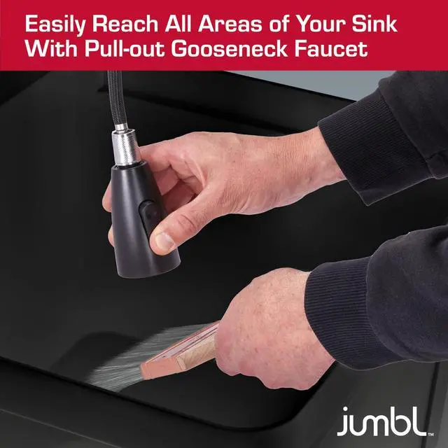 Alt view image 5 of 7 - Jumbl Freestanding Utility Sink with Pull-Down Faucet | Laundry Room Tub with Gooseneck Sprayer, Single Handle Flow Control, Soap Dispenser, Drain Plug & Heavy-Duty Iron Legs with Levelers | Black