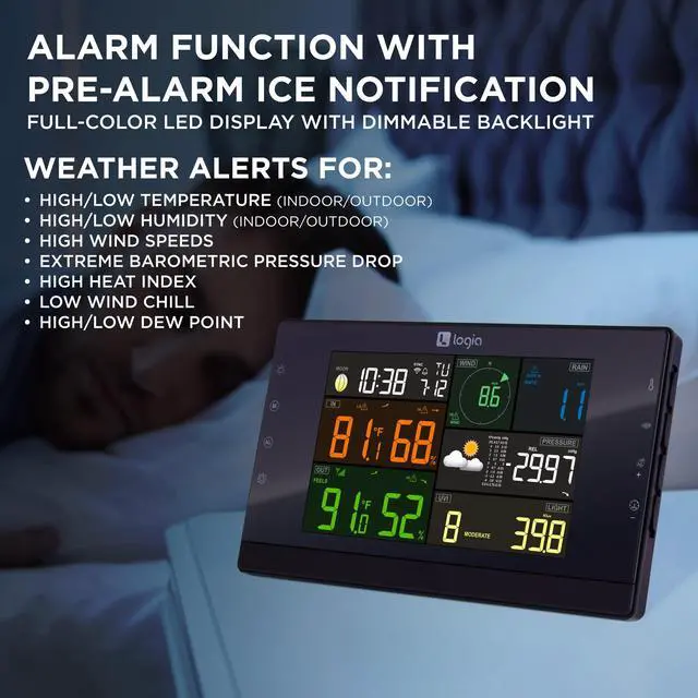 Alt view image 5 of 7 - Logia 17-in-1 Wi-Fi Wireless Weather Station with 7-in-1 Outdoor Solar Sensor Array, Indoor/Outdoor Temperature, Humidity, Wind Speed/Direction, Rain, UV & More with Forecast Data, Alerts