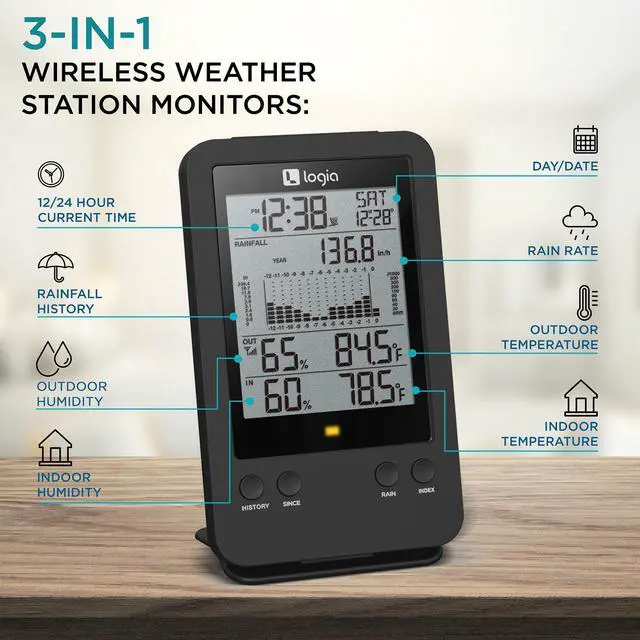 Alt view image 3 of 7 - Logia 3-in-1 Rain Gauge Weather Station with Temperature & Humidity, Indoor/Outdoor Weather Monitoring System, Wireless Display Console with History, Alarms and Alerts