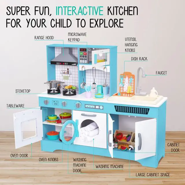 Alt view image 2 of 7 - Lil' Jumbl Kids Wooden Blue Color Kitchen Set, Pretend Working Sink with Real Running Water, Includes Range Hood, Microwave & Stove Top That Make Realistic Sound & Light, Full Accessory Set Included