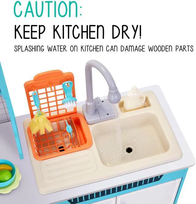 Alt view image 3 of 7 - Lil' Jumbl Kids Wooden Blue Color Kitchen Set, Pretend Working Sink with Real Running Water, Includes Range Hood, Microwave & Stove Top That Make Realistic Sound & Light, Full Accessory Set Included