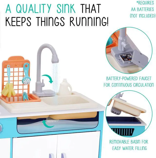 Alt view image 4 of 7 - Lil' Jumbl Kids Wooden Blue Color Kitchen Set, Pretend Working Sink with Real Running Water, Includes Range Hood, Microwave & Stove Top That Make Realistic Sound & Light, Full Accessory Set Included