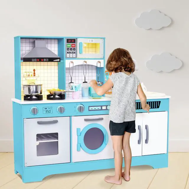 Alt view image 7 of 7 - Lil' Jumbl Kids Wooden Blue Color Kitchen Set, Pretend Working Sink with Real Running Water, Includes Range Hood, Microwave & Stove Top That Make Realistic Sound & Light, Full Accessory Set Included