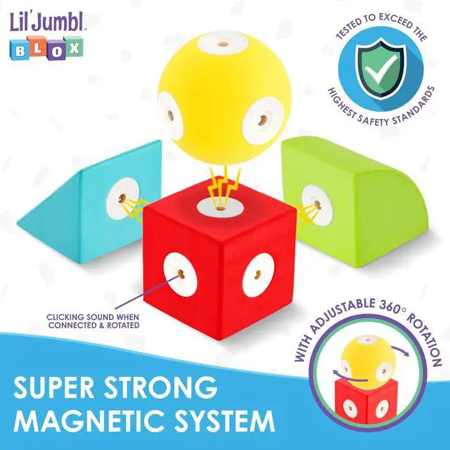 Alt view image 3 of 7 - Lil' Jumbl Magnetic Foam Blocks  STEM Sensory Toys for Toddlers & Kids, 100-Piece Set, Bath Building Blocks & Engineering Toys for Ages 3-6