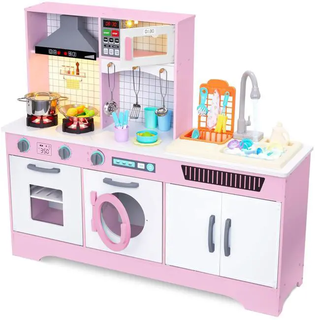 Main image of Lil' Jumbl Kids Wooden Pink Color Kitchen Set, Pretend Working Sink with Real Running Water, Includes Range Hood, Microwave & Stove Top That Make Realistic Sound & Light, Full Accessory Set Included