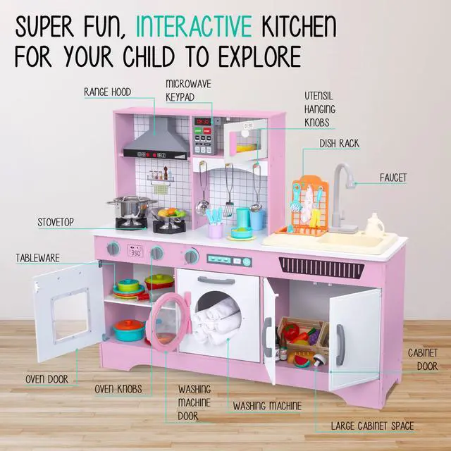 Alt view image 2 of 7 - Lil' Jumbl Kids Wooden Pink Color Kitchen Set, Pretend Working Sink with Real Running Water, Includes Range Hood, Microwave & Stove Top That Make Realistic Sound & Light, Full Accessory Set Included