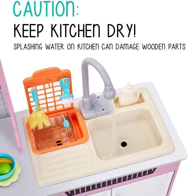 Alt view image 3 of 7 - Lil' Jumbl Kids Wooden Pink Color Kitchen Set, Pretend Working Sink with Real Running Water, Includes Range Hood, Microwave & Stove Top That Make Realistic Sound & Light, Full Accessory Set Included