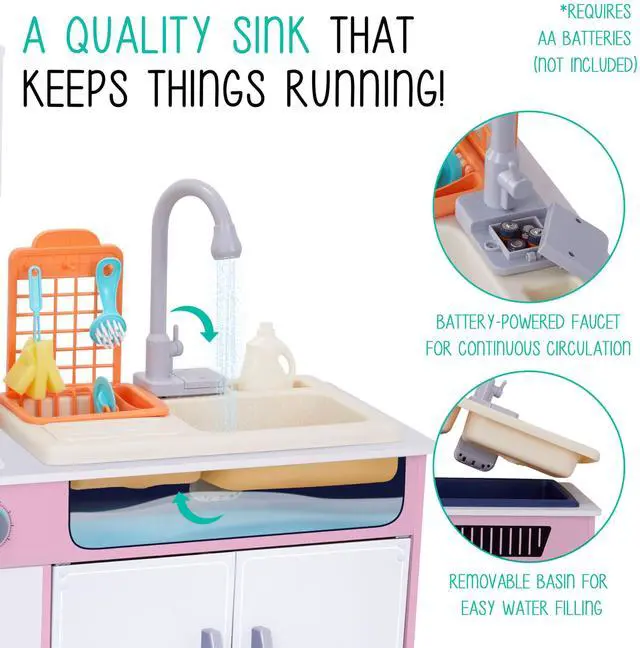 Alt view image 4 of 7 - Lil' Jumbl Kids Wooden Pink Color Kitchen Set, Pretend Working Sink with Real Running Water, Includes Range Hood, Microwave & Stove Top That Make Realistic Sound & Light, Full Accessory Set Included