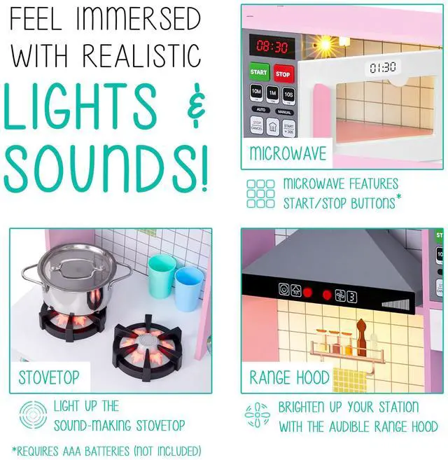 Alt view image 5 of 7 - Lil' Jumbl Kids Wooden Pink Color Kitchen Set, Pretend Working Sink with Real Running Water, Includes Range Hood, Microwave & Stove Top That Make Realistic Sound & Light, Full Accessory Set Included