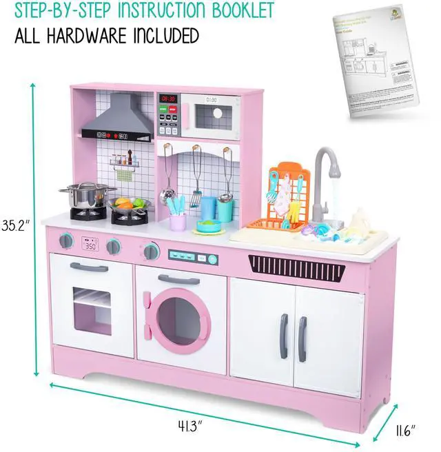 Alt view image 6 of 7 - Lil' Jumbl Kids Wooden Pink Color Kitchen Set, Pretend Working Sink with Real Running Water, Includes Range Hood, Microwave & Stove Top That Make Realistic Sound & Light, Full Accessory Set Included