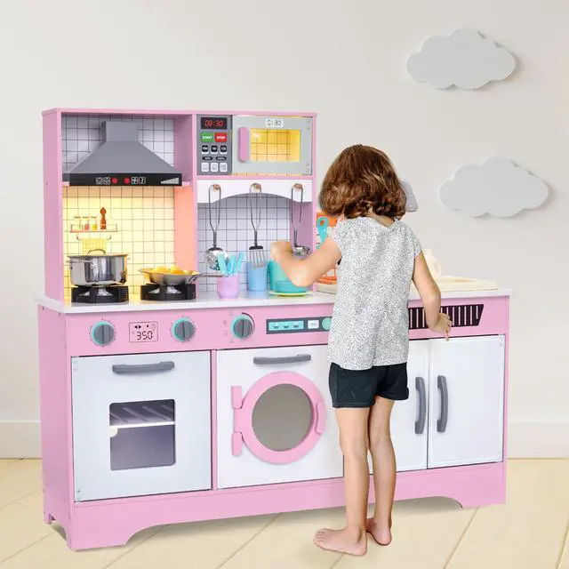 Alt view image 7 of 7 - Lil' Jumbl Kids Wooden Pink Color Kitchen Set, Pretend Working Sink with Real Running Water, Includes Range Hood, Microwave & Stove Top That Make Realistic Sound & Light, Full Accessory Set Included