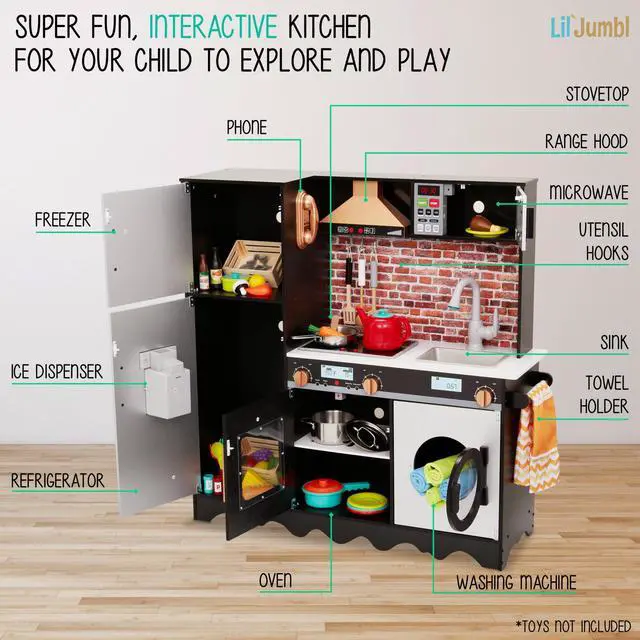 Alt view image 2 of 7 - Lil' Jumbl Jumbl Kids Kitchen Set  Pretend Wooden Play Kitchen  Battery Operated Icemaker  Microwave  Range Hood  Stove Top  Oven  with Realistic Sound & Lights  Pots  Pan  & Utensils Included