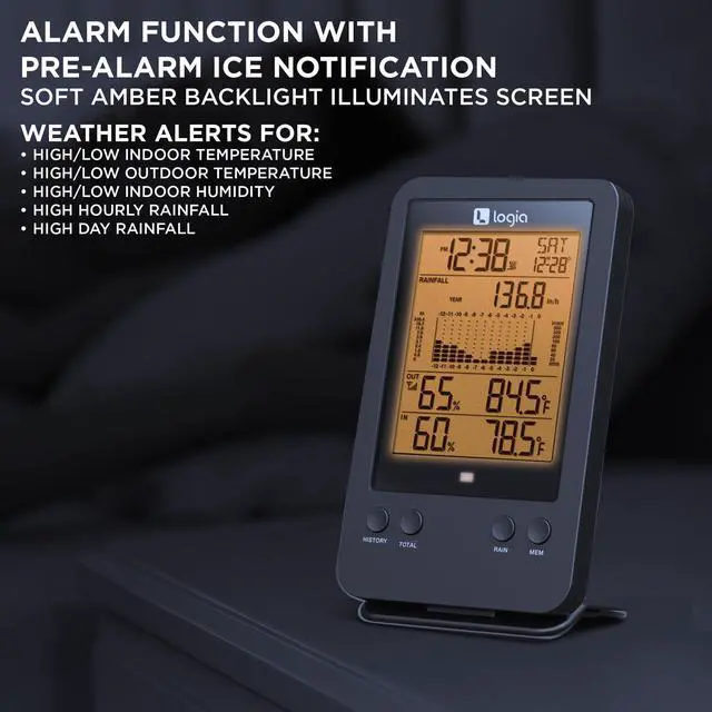 Alt view image 5 of 7 - Logia 3-in-1 Rain Gauge Weather Station with Temperature & Humidity, Indoor/Outdoor Weather Monitoring System, Wireless Display Console with History, Alarms and Alerts