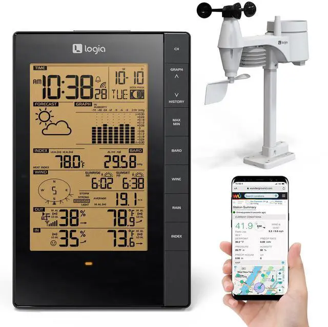 Main image of Logia 5-in-1 Indoor/Outdoor Weather Station Remote Monitoring System w/PC Connect | Temperature, Humidity, Wind Speed/Direction, Rain & More | Wireless Backlit LCD Screen Forecast Data, Alarm, Alerts