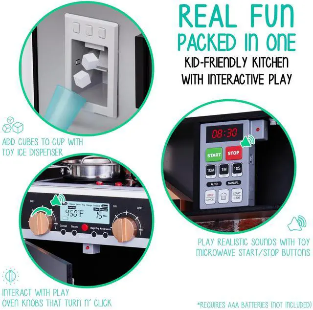 Alt view image 4 of 7 - Lil' Jumbl Jumbl Kids Kitchen Set  Pretend Wooden Play Kitchen  Battery Operated Icemaker  Microwave  Range Hood  Stove Top  Oven  with Realistic Sound & Lights  Pots  Pan  & Utensils Included