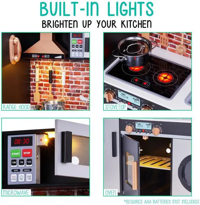 Alt view image 5 of 7 - Lil' Jumbl Jumbl Kids Kitchen Set  Pretend Wooden Play Kitchen  Battery Operated Icemaker  Microwave  Range Hood  Stove Top  Oven  with Realistic Sound & Lights  Pots  Pan  & Utensils Included
