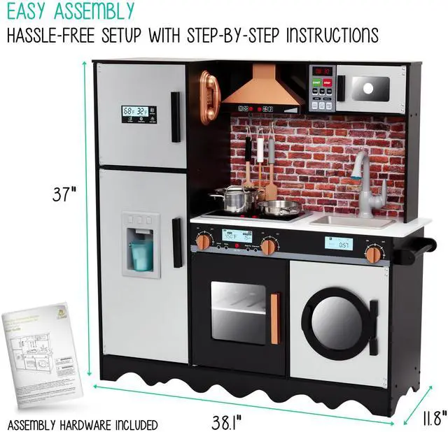 Alt view image 7 of 7 - Lil' Jumbl Jumbl Kids Kitchen Set  Pretend Wooden Play Kitchen  Battery Operated Icemaker  Microwave  Range Hood  Stove Top  Oven  with Realistic Sound & Lights  Pots  Pan  & Utensils Included