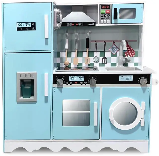 Main image of Lil Jumbl Kids Blue Kitchen Set, Pretend Wooden Play Kitchen, Battery Operated Icemaker, Microwave, Range Hood, Stove Top, Oven, with Realistic Sound & Lights, Pots, Pan, & Utensils Included