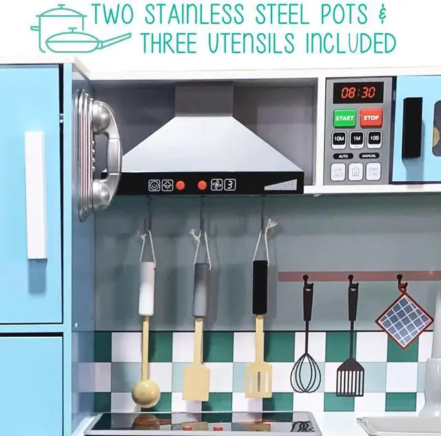 Alt view image 5 of 7 - Lil Jumbl Kids Blue Kitchen Set, Pretend Wooden Play Kitchen, Battery Operated Icemaker, Microwave, Range Hood, Stove Top, Oven, with Realistic Sound & Lights, Pots, Pan, & Utensils Included