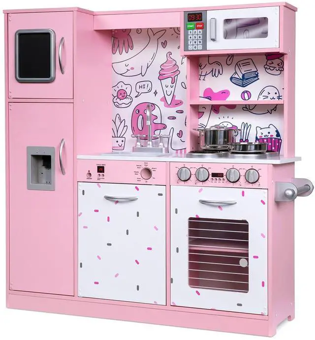 Main image of Lil' Jumbl Kids Kitchen Set, Pretend Wooden Play Kitchen, Battery Operated Icemaker & Microwave with Realistic Sound, Pots & Pan Included - Pink