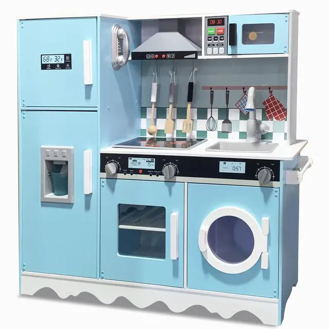 Alt view image 7 of 7 - Lil Jumbl Kids Blue Kitchen Set, Pretend Wooden Play Kitchen, Battery Operated Icemaker, Microwave, Range Hood, Stove Top, Oven, with Realistic Sound & Lights, Pots, Pan, & Utensils Included