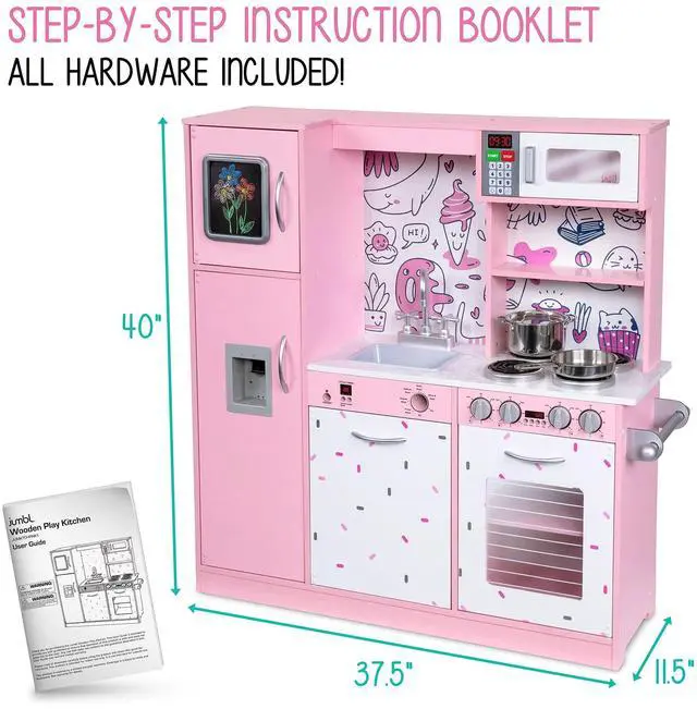 Alt view image 4 of 7 - Lil' Jumbl Kids Kitchen Set, Pretend Wooden Play Kitchen, Battery Operated Icemaker & Microwave with Realistic Sound, Pots & Pan Included - Pink