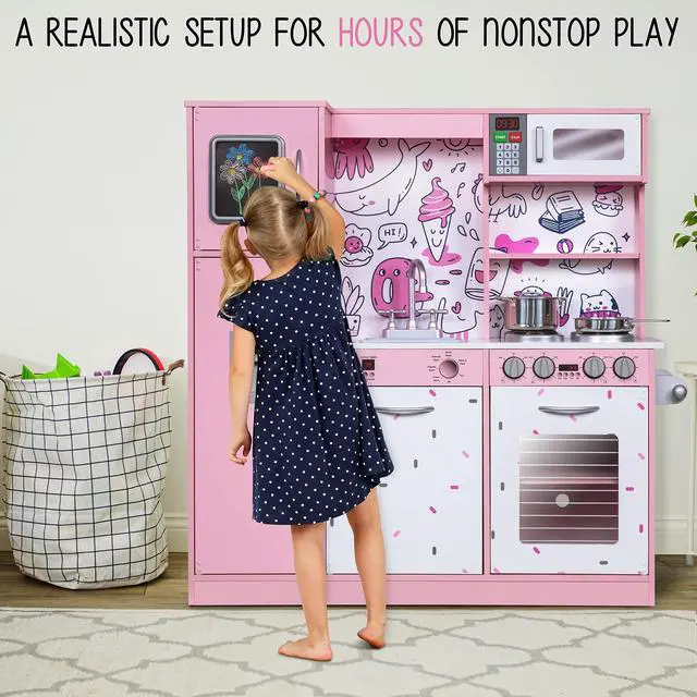 Alt view image 5 of 7 - Lil' Jumbl Kids Kitchen Set, Pretend Wooden Play Kitchen, Battery Operated Icemaker & Microwave with Realistic Sound, Pots & Pan Included - Pink