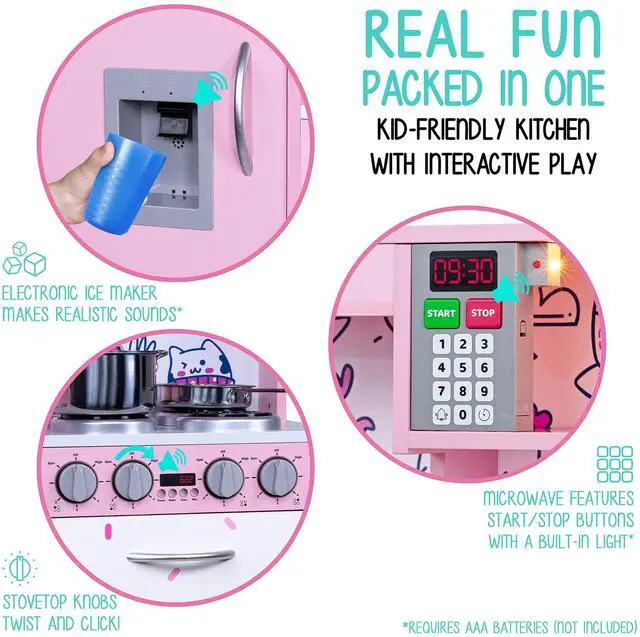 Alt view image 3 of 7 - Lil' Jumbl Kids Kitchen Set, Pretend Wooden Play Kitchen, Battery Operated Icemaker & Microwave with Realistic Sound, Pots & Pan Included - Pink