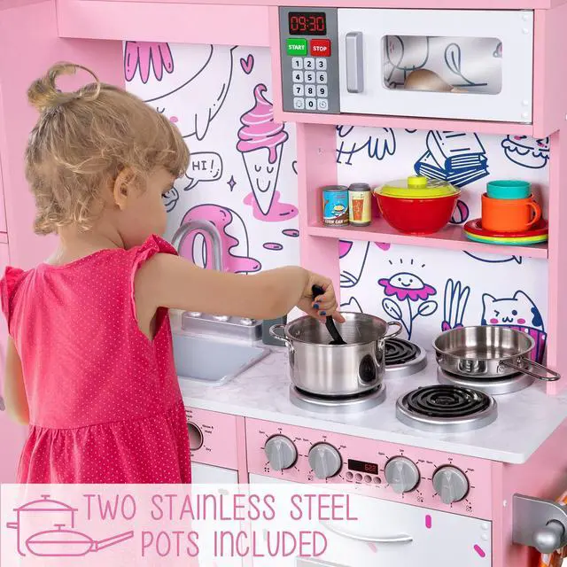 Alt view image 6 of 7 - Lil' Jumbl Kids Kitchen Set, Pretend Wooden Play Kitchen, Battery Operated Icemaker & Microwave with Realistic Sound, Pots & Pan Included - Pink
