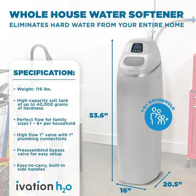Alt view image 6 of 7 - Ivation H2O 40,000 Grain Water Softener with Patented Ceramic Discs, Automatic Whole House Soft Water Regeneration Reduces Magnesium & Hard Minerals & Improves Water Quality