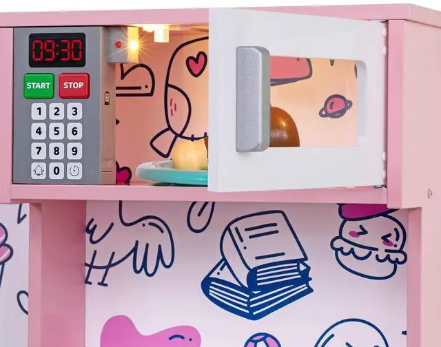 Alt view image 7 of 7 - Lil' Jumbl Kids Kitchen Set, Pretend Wooden Play Kitchen, Battery Operated Icemaker & Microwave with Realistic Sound, Pots & Pan Included - Pink