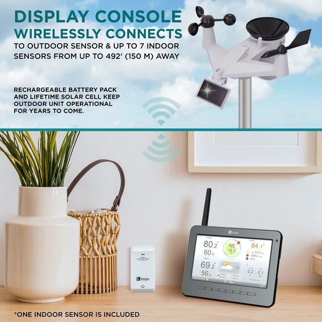 Alt view image 5 of 7 - Logia 7-in-1 Wireless Self-Charging Weather Station with Wi-Fi®, Solar Cell & 7 HD Color Display Console | Measures Temperature, Humidity, Wind Speed/Direction, Rainfall, UV Index & Light Intensity