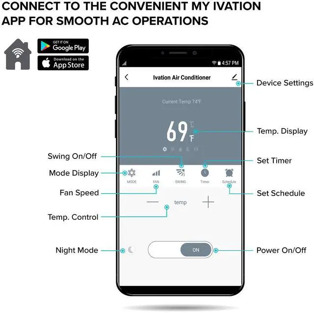 Alt view image 3 of 7 - Ivation 13,000 BTU Portable Air Conditioner with Wi-Fi for Rooms Up to 500 Sq Ft (8,500 BTU SACC) 3-in-1 Smart App Control Cooling System, Dehumidifier and Fan with Remote, Exhaust Hose & Window Kit