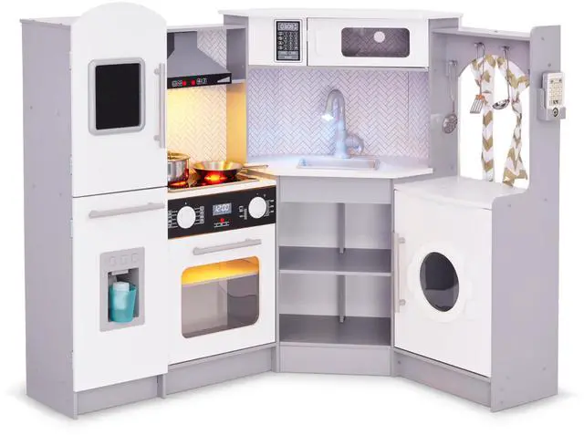Main image of Lil' Jumbl Kids Corner Kitchen Set, Pretend Wooden Deluxe Play Kitchen, Battery Operated Icemaker, Stovetop & Faucet with Realistic Sound - Grey